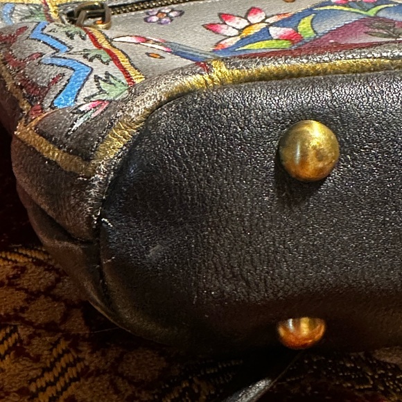 Floriana‎ Floral Hand Painted Black Leather Boho Crossbody Purse - Picture 9 of 12